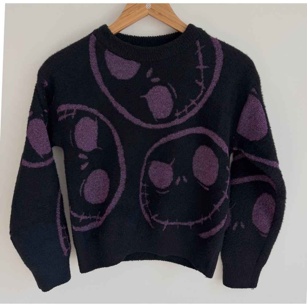 Disney Girls Jack Skellington Metallic Sweater L 10/12 Black Purple Halloween